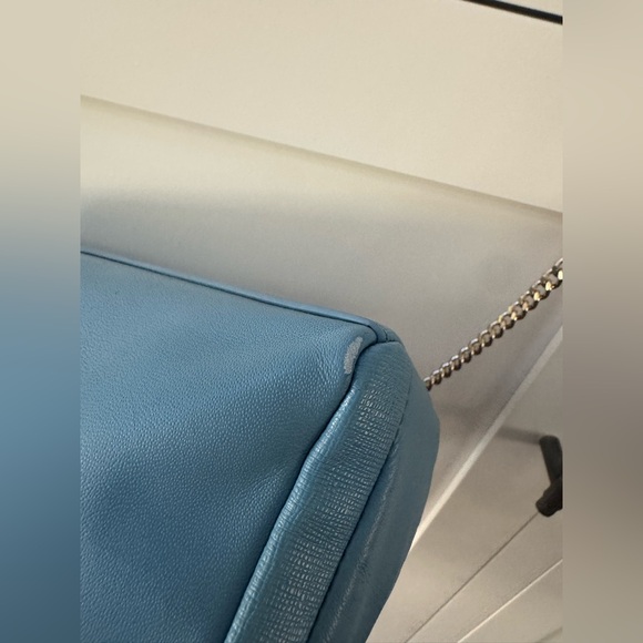 FURLA Blue Leather 2-Way Crossbody Clutch Champagne Chain Double Zip - Picture 5 of 10